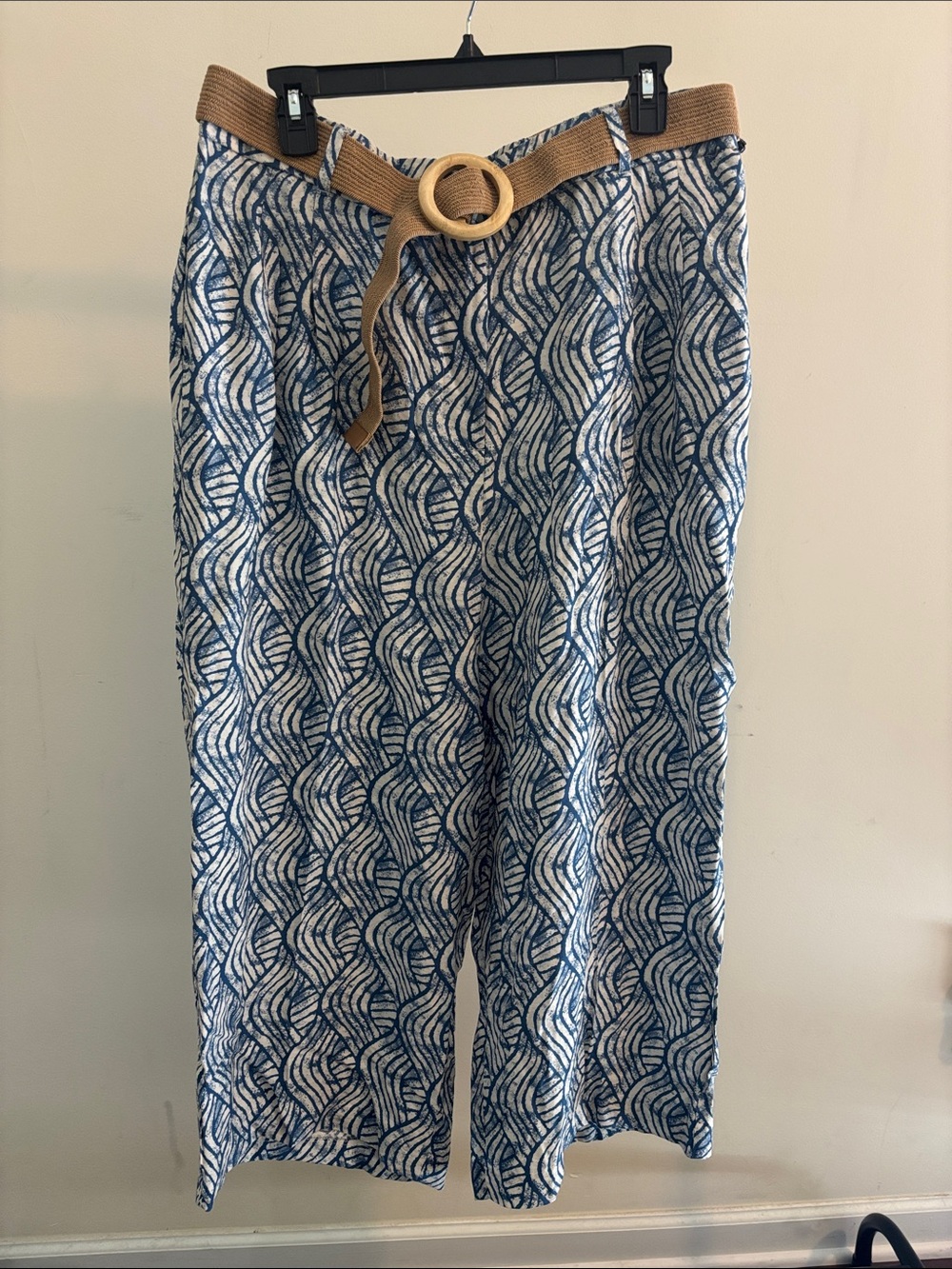 Jules & Leopold Blue Wave-Pattern Wide Leg Crop Pants with Tan Belt size XL